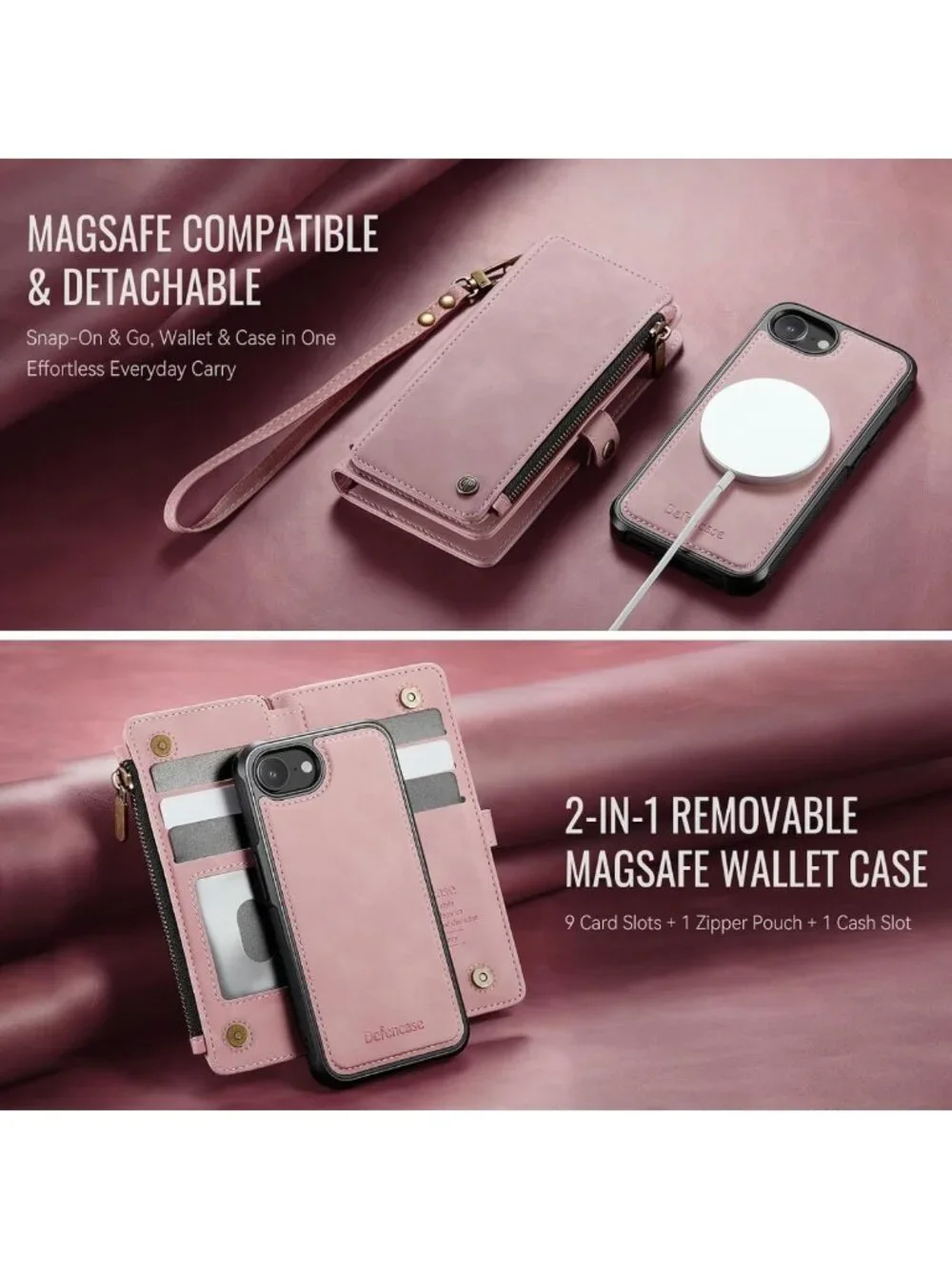 Stylish Rose Pink Wallet Case for iPhone 17e/16e, MagSafe Compatible, Slim